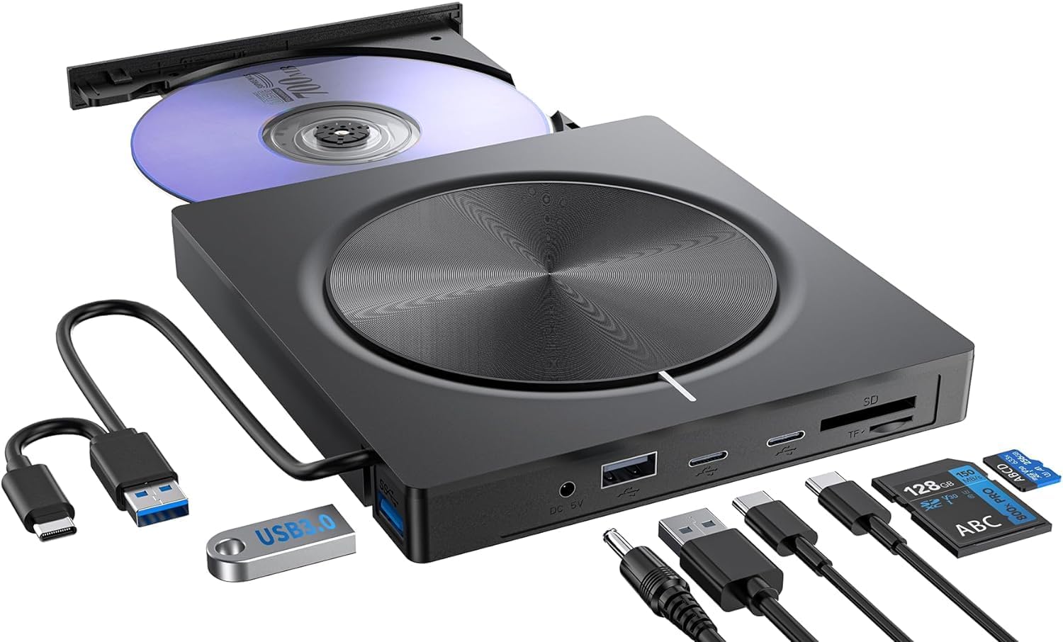 Portable External CD/DVD Drive – USB 3.0 & USB-C, Plug & Play